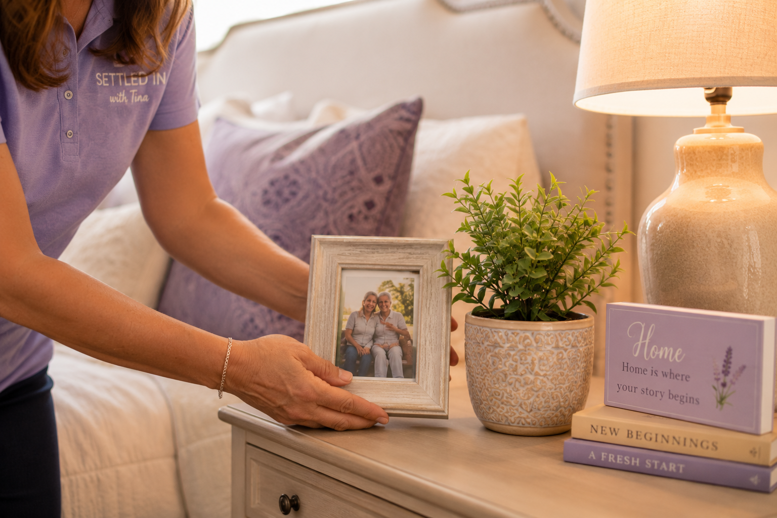 Styled bedroom with fresh bedding and framed wall art