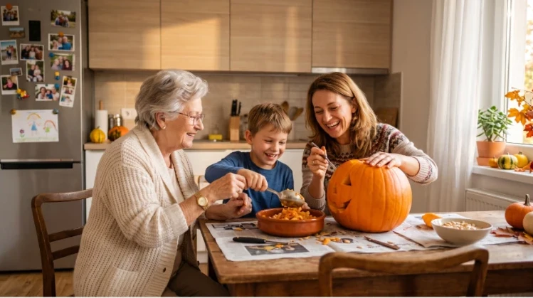 A grandmother, her daughter, and grandson carving a jack-o'-lantern together at the kitchen table