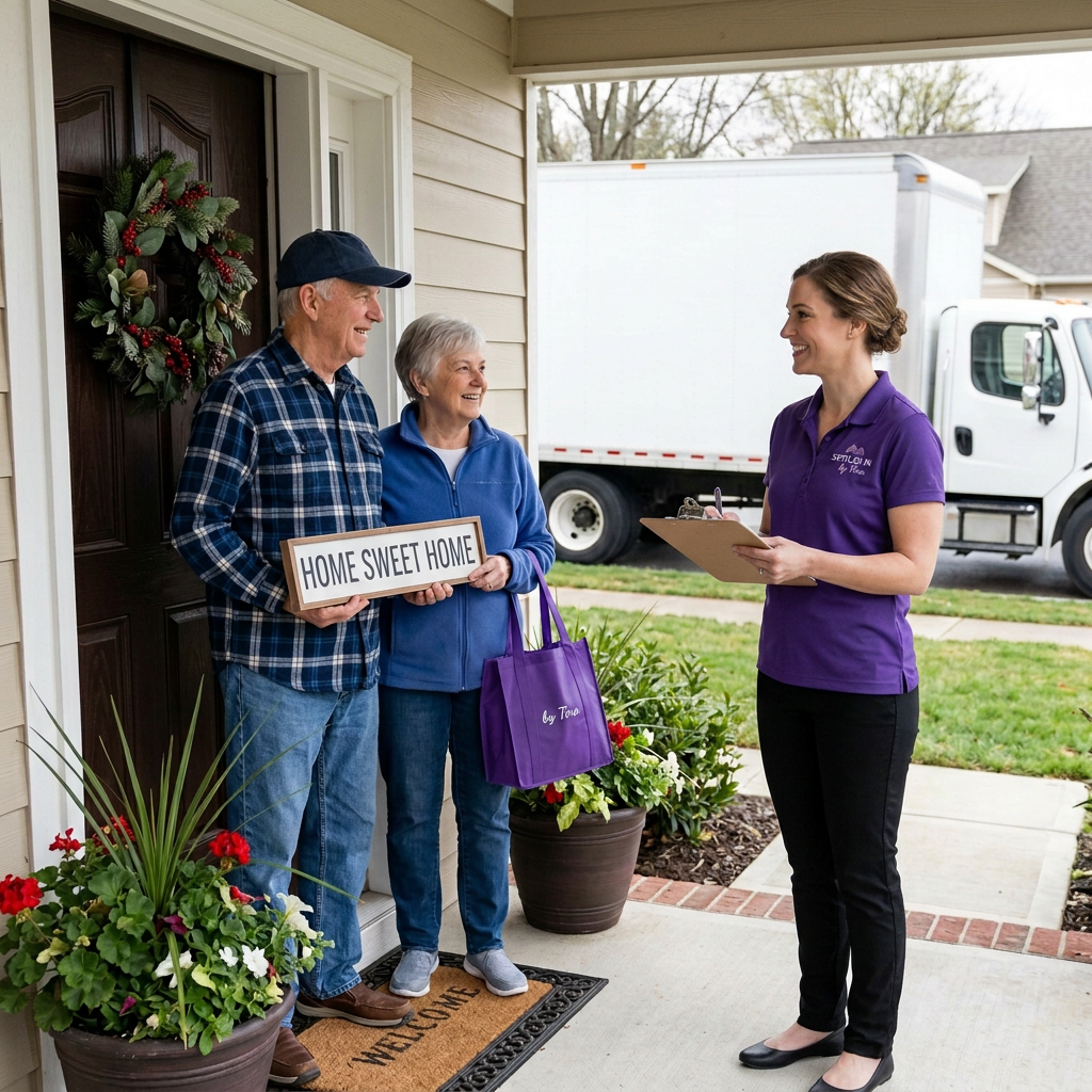 A smiling senior couple welcomed at their front door as a Settled In by Tina mover delivers a box