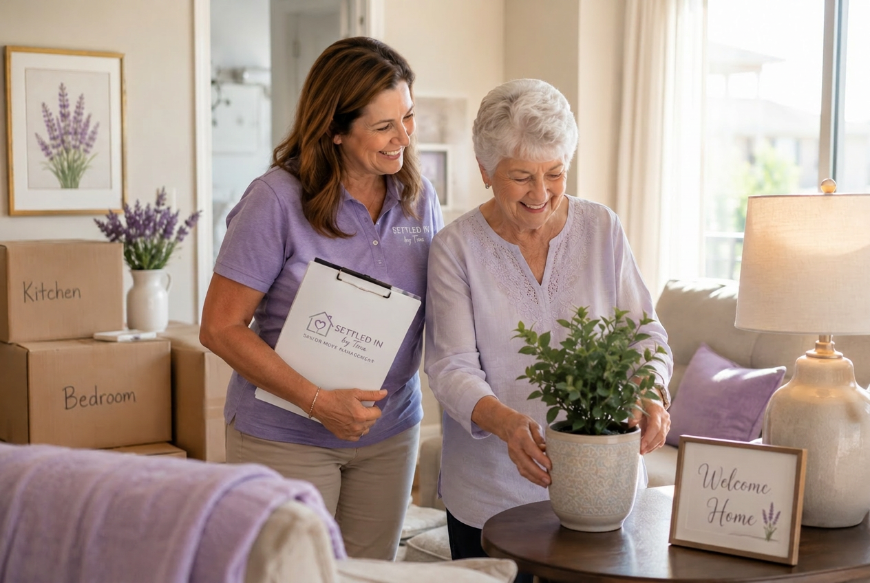 Tina guiding a client through a warm homecoming setup in her new space